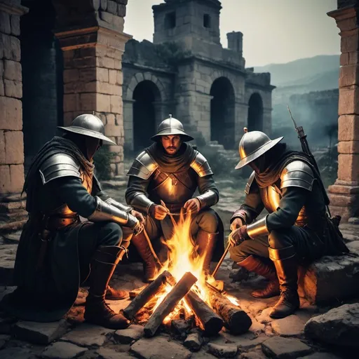 Prompt: Medieval Dark fantasy, three spanish colonialist soldiers making a campfire on some ancient ruins. Dark Souls based
