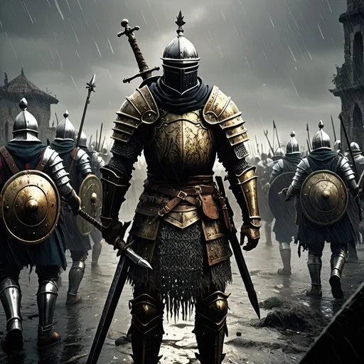 Prompt: massive realistic war, dark souls style, spanish insquisition against azteza forces, epic lighting, heavy rain