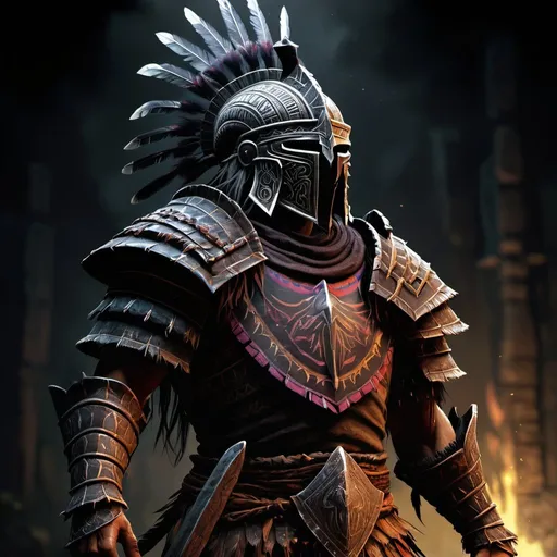 Prompt: dark fantasy, dark souls concept art, dinamic lighting, hyperdetailed, deep color, volumetric lighting, azteca painting, azteca fields, void native american warrior, fear, 4k resolution, Dark Souls Boss, big armor, dark spirit