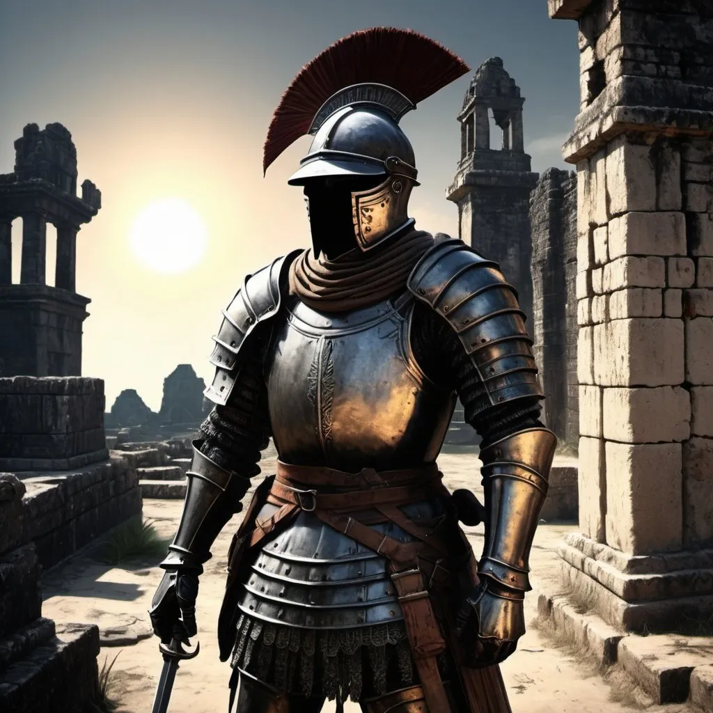 Prompt: Dark Souls Style, decrepid  soldier in his armor of spanish colonialist, suffering, on Maya ruins, the sun is black
