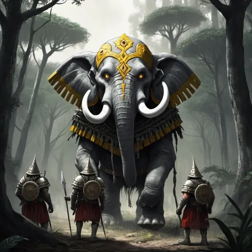 Prompt: Medieval Dark fantasy, skinny monster, elephant, azteca, white, yellow eyes, large teeth, on a forest, agressive azteca reuin ahead, a few spanish inquisition soldiers spot him from beyond, terror, Dark Souls style.
