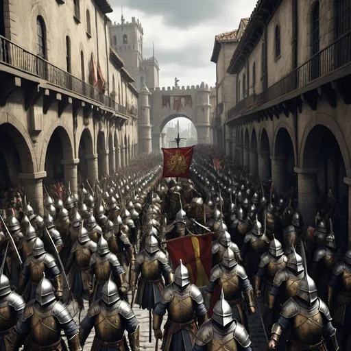 Prompt: dark souls style, spanish conquistador armie march on a giant street, celebrating day force army, lots o citizens claming, warhammer ambience, chaotic image. Some archimages on the march 