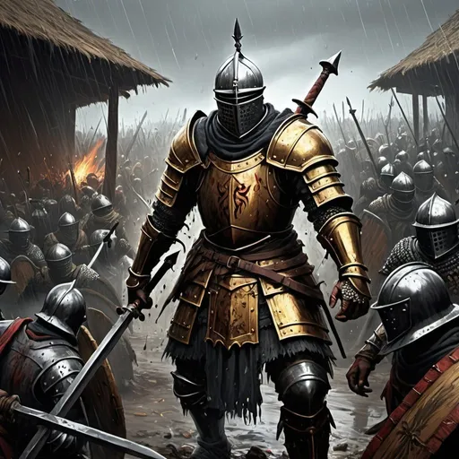 Prompt: massive chaotic war scene, dark souls armor style, dark souls style, hyper detailed painting, spanish colonialists against azteza forces, epic lighting, heavy rain