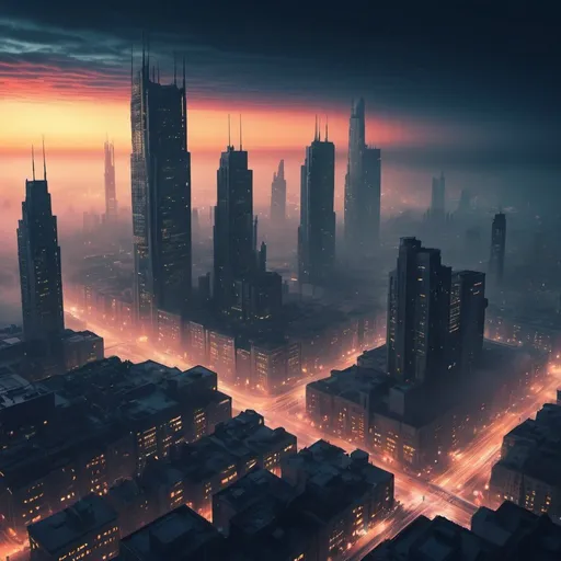Prompt: vivid distopian retrofuturistic city, nightfall, lamber light from buildings, fog, huge structures
