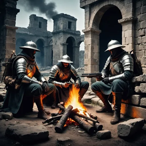 Prompt: Medieval Dark fantasy, three spanish colonialist soldiers making a campfire on some ancient ruins, they are armed with fireguns, and something big and black is spying them from behind the ruins. Dark Souls based
