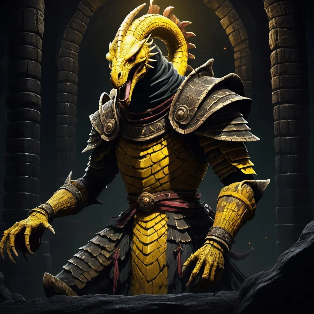 Prompt: dark fantasy, dark souls concept art, dinamic lighting, hyperdetailed, deep color, volumetric lighting, azteca painting, azteca structure, void yellow snake humanoid, 4k resolution, Dark Souls Boss