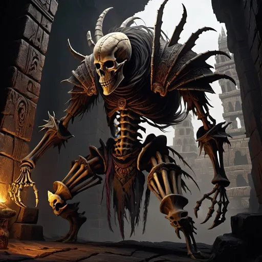 Prompt: dark fantasy, dark souls concept art, dinamic lighting, hyperdetailed, deep color, volumetric lighting, azteca painting, azteca structure, void ocre snake humanoid, 4k resolution, Dark Souls Boss, skeleton, ancient