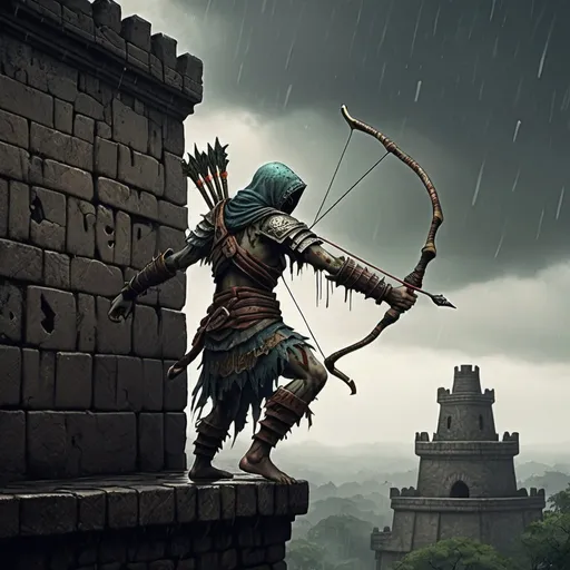 Prompt: Dark Souls Style, Azteca zombie archer, walking on a wall from a azteca castle, raining