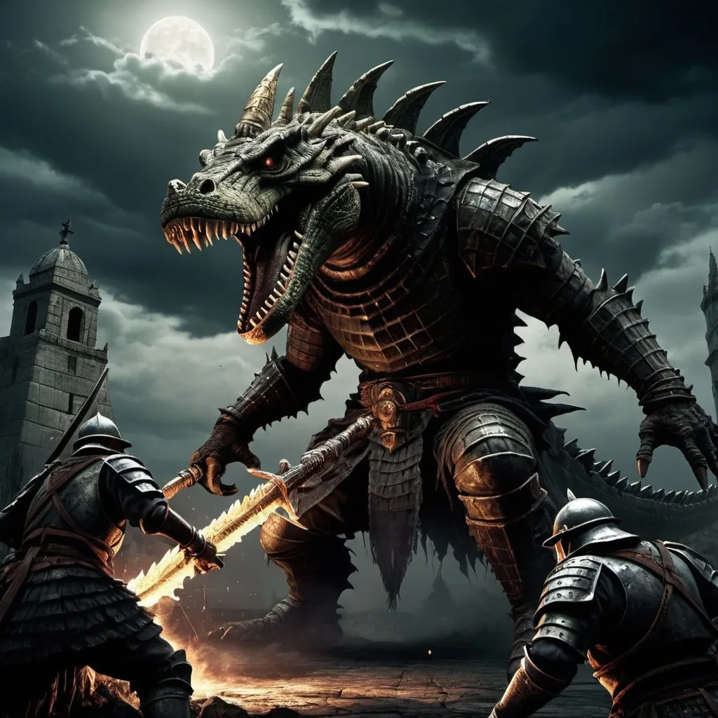 Prompt: A Dark Souls Boss, Azteca Monster, crocodile, Dark sky, some spanish soldiers fighting it but getting death
