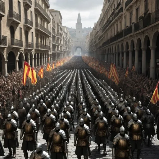 Prompt: dark souls style, spanish armie march on a giant street, celebrating day force army, lots o citizens claming, 