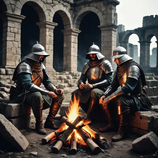Prompt: Medieval Dark fantasy, three spanish colonialist soldiers making a campfire on some ancient ruins. Dark Souls based
