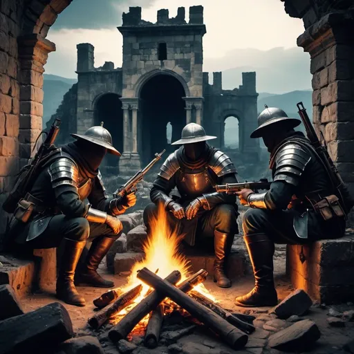 Prompt: Medieval Dark fantasy, three spanish colonialist soldiers making a campfire on some ancient ruins, they are armed with fireguns, and something big and black is spying them from behind the ruins. Dark Souls based
