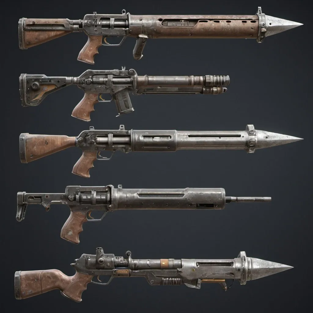 Prompt: weapons from Fallout 5, concept design sheet, hyperealistic, unreal engine 5, morden armory