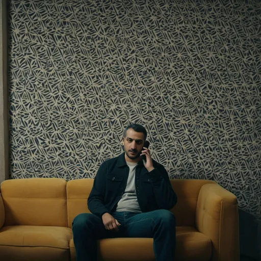 Prompt: a man sitting on a couch with a cell phone to his ear and a wall behind him with a pattern, Farid Mansour, private press, vfx, a picture