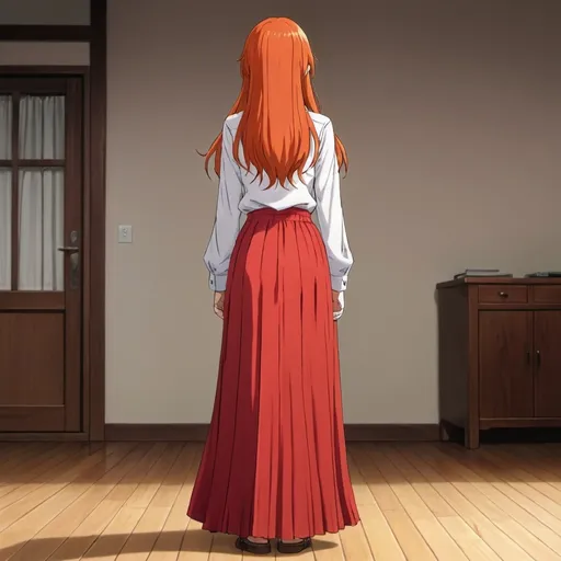 Prompt: The back of a long-straight orange haired anime girl with loose hair. The anime girl is wearing a buttoned shirt and a red pleated floor-length maxi long skirt that is extremely long. The anime girl is standing on a wooden floor. The long pleated skirt is red in color.
