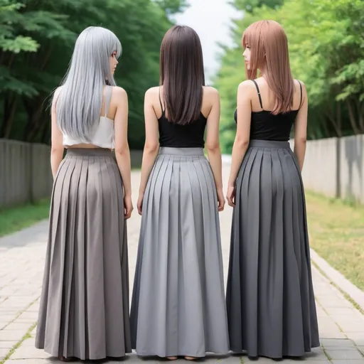 Prompt: The backs of anime girls wearing maxi long pleated grey skirts.