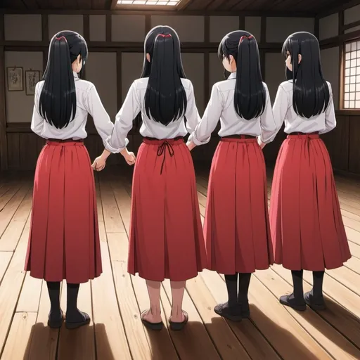 Prompt: The backs of multiple long-straight-black haired anime girls who are wearing white buttoned shirts and maxi long pleated red skirts that are very long. The girls are standing on a wooden floor while pointing each of their own long fat wooden straight poles up in the air. The hairs of the girls are untied.