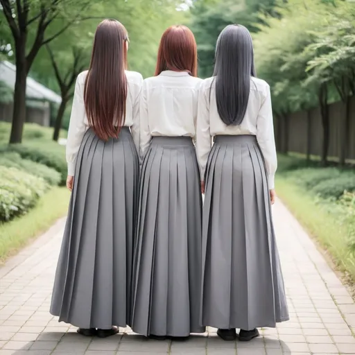 Prompt: The backs of anime girls wearing maxi long pleated grey skirts.