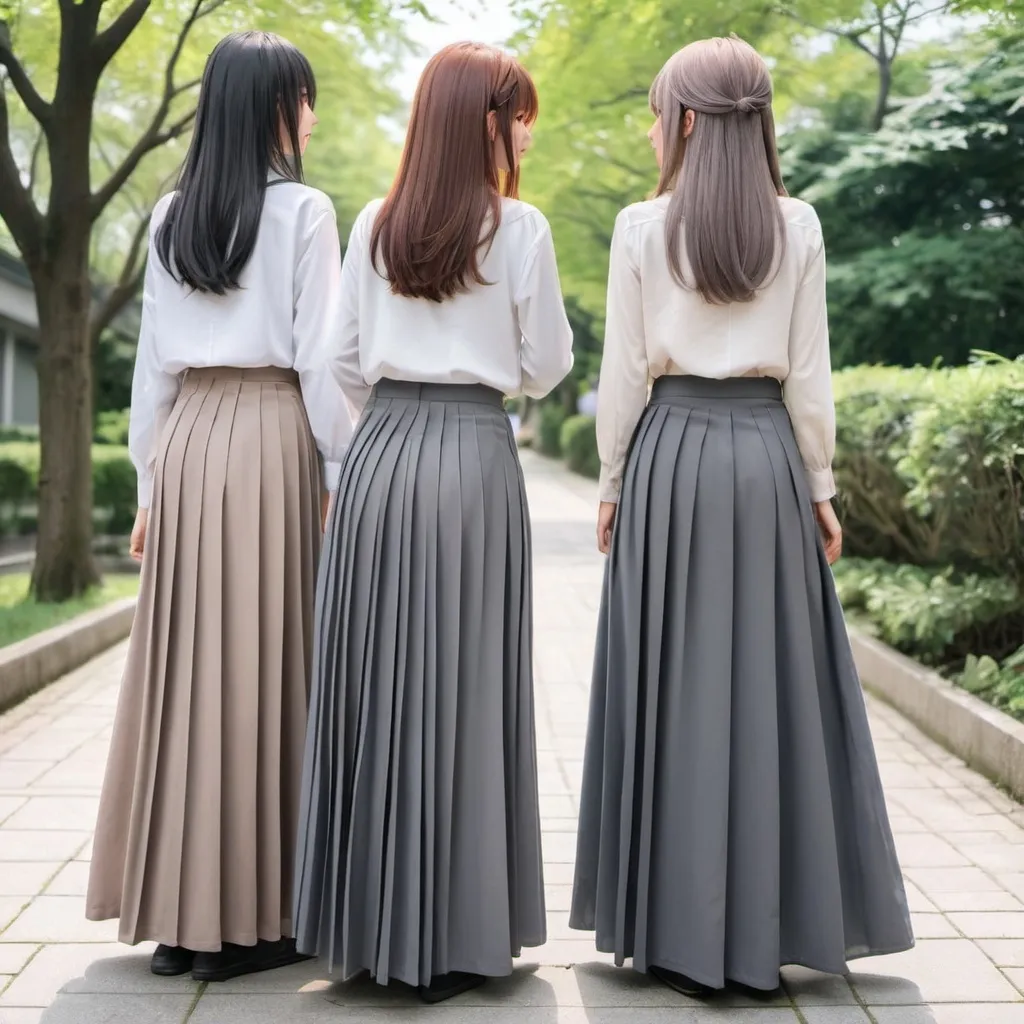 Prompt: The backs of anime girls wearing maxi long pleated grey skirts.