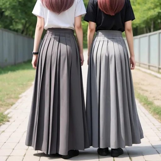 Prompt: The backs of anime girls wearing maxi long pleated grey skirts.