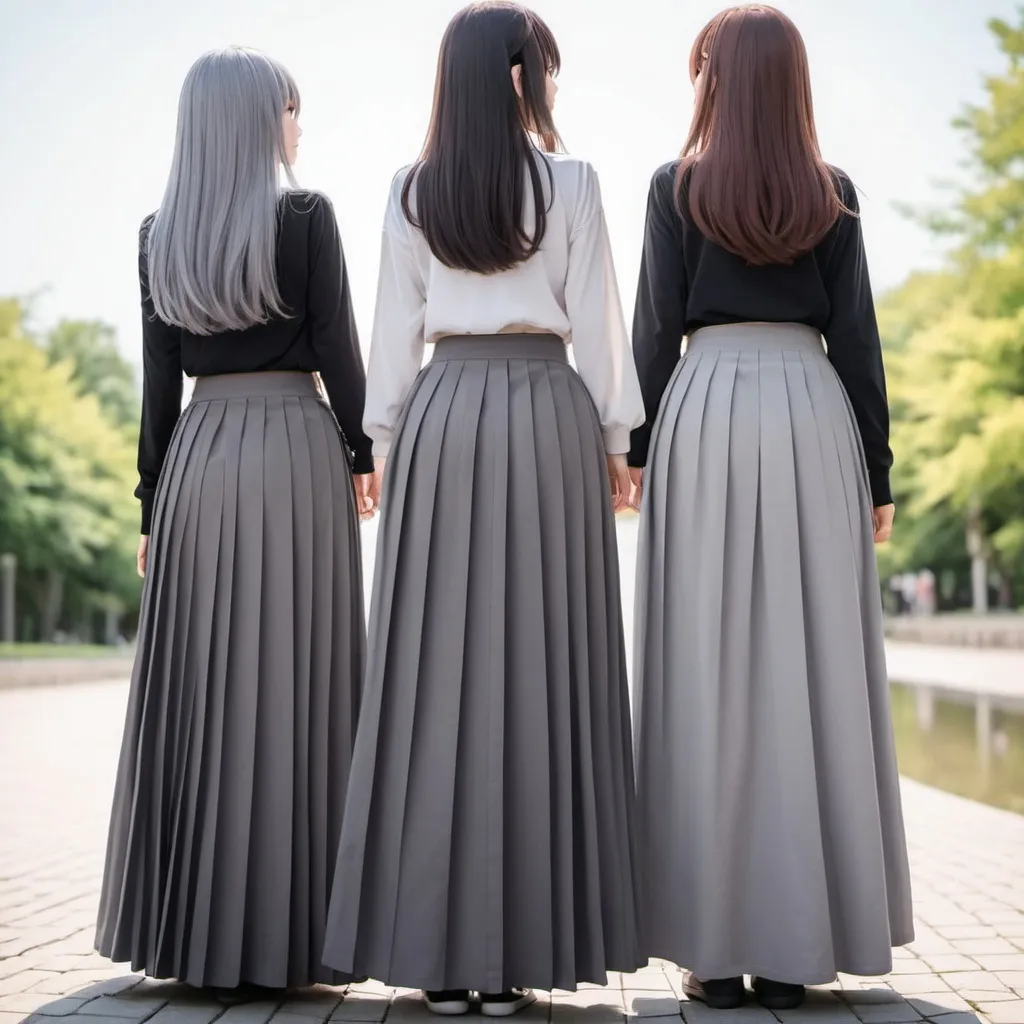 Prompt: The backs of anime girls wearing maxi long pleated grey skirts.