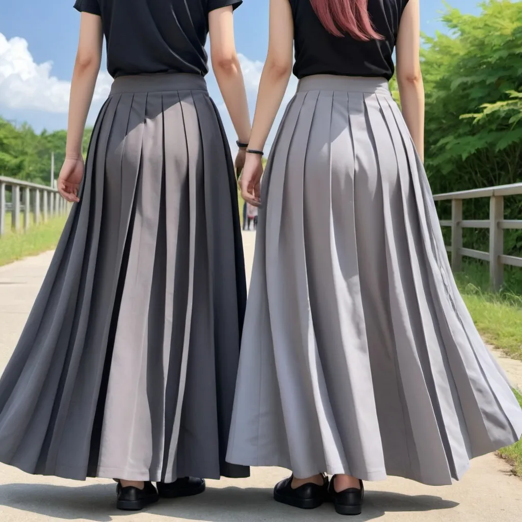 Prompt: The backs of anime girls wearing maxi long pleated grey skirts.