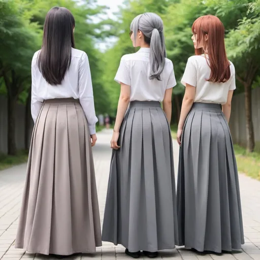 Prompt: The backs of anime girls wearing maxi long pleated grey skirts.