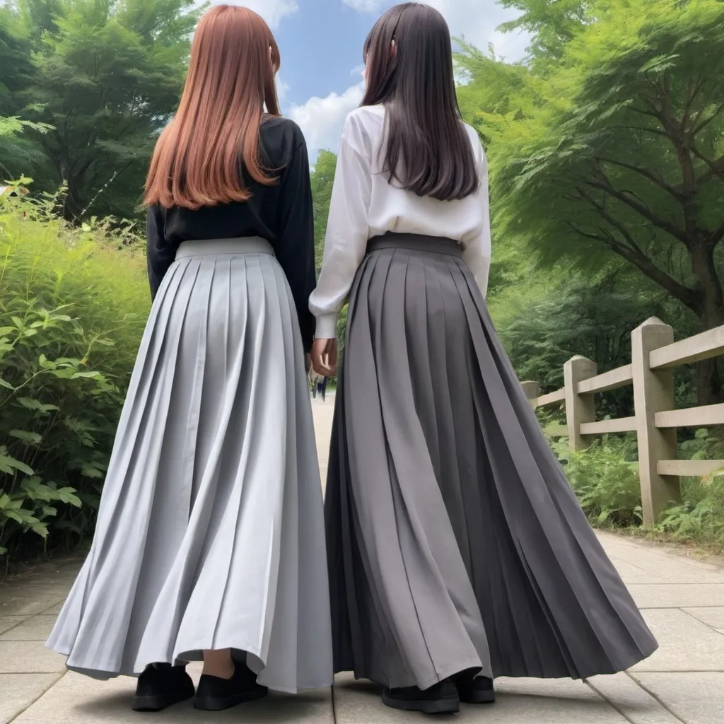 Prompt: The backs of anime girls wearing maxi long pleated grey skirts.