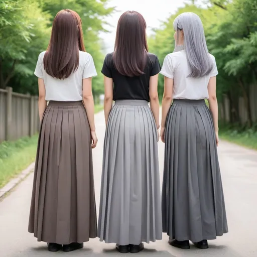 Prompt: The backs of anime girls wearing maxi long pleated grey skirts.