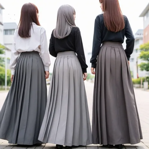 Prompt: The backs of anime girls wearing maxi long pleated grey skirts.