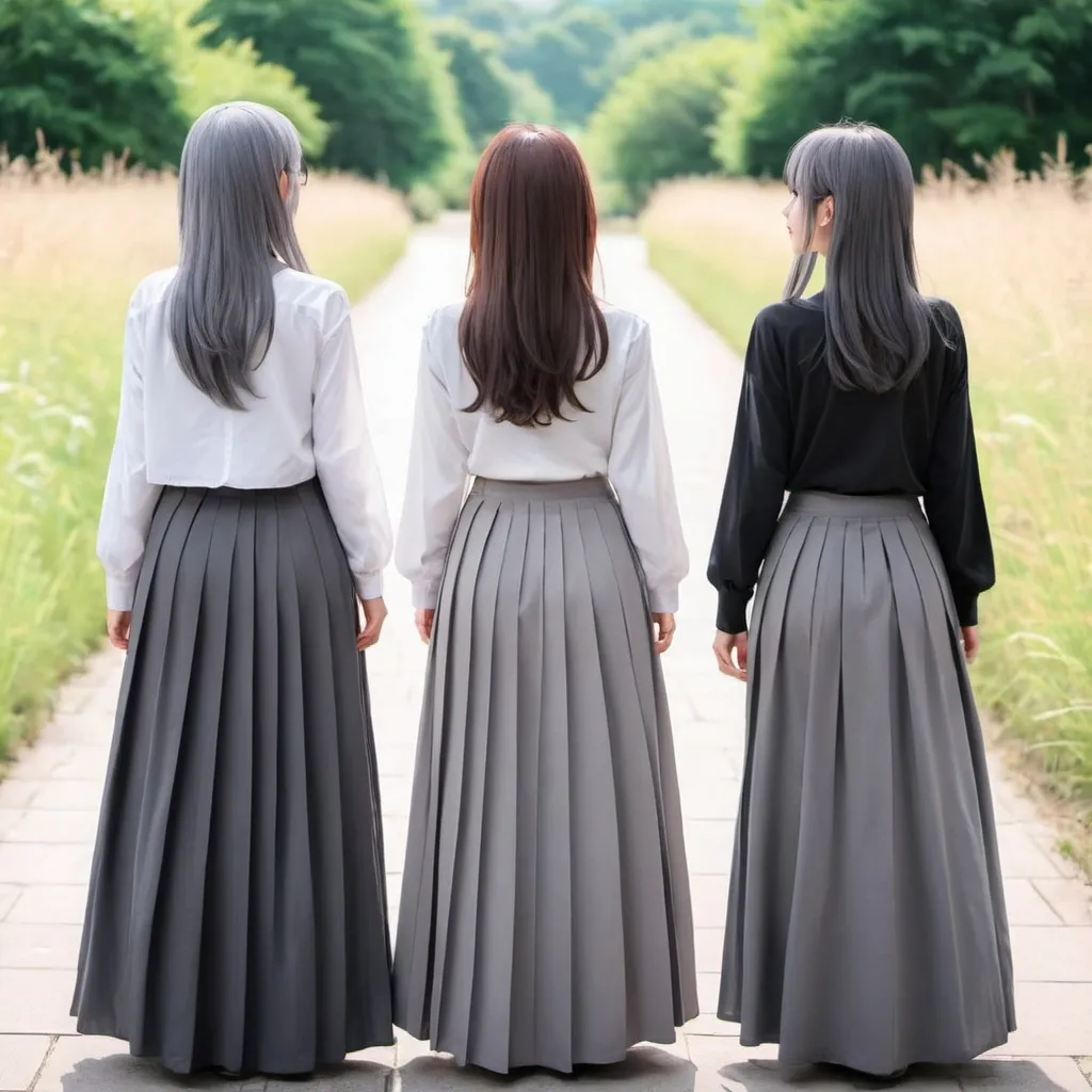 Prompt: The backs of anime girls wearing maxi long pleated grey skirts.