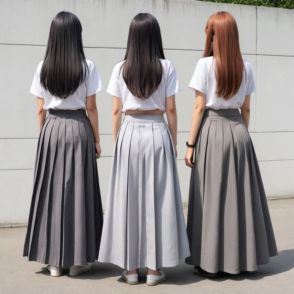 Prompt: The backs of anime girls wearing maxi long pleated grey skirts.