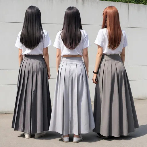 Prompt: The backs of anime girls wearing maxi long pleated grey skirts.