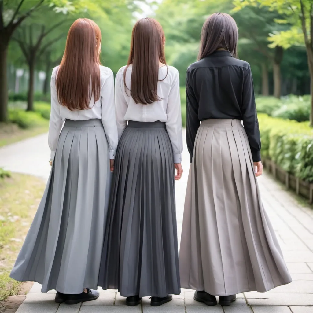 Prompt: The backs of anime girls wearing maxi long pleated grey skirts.