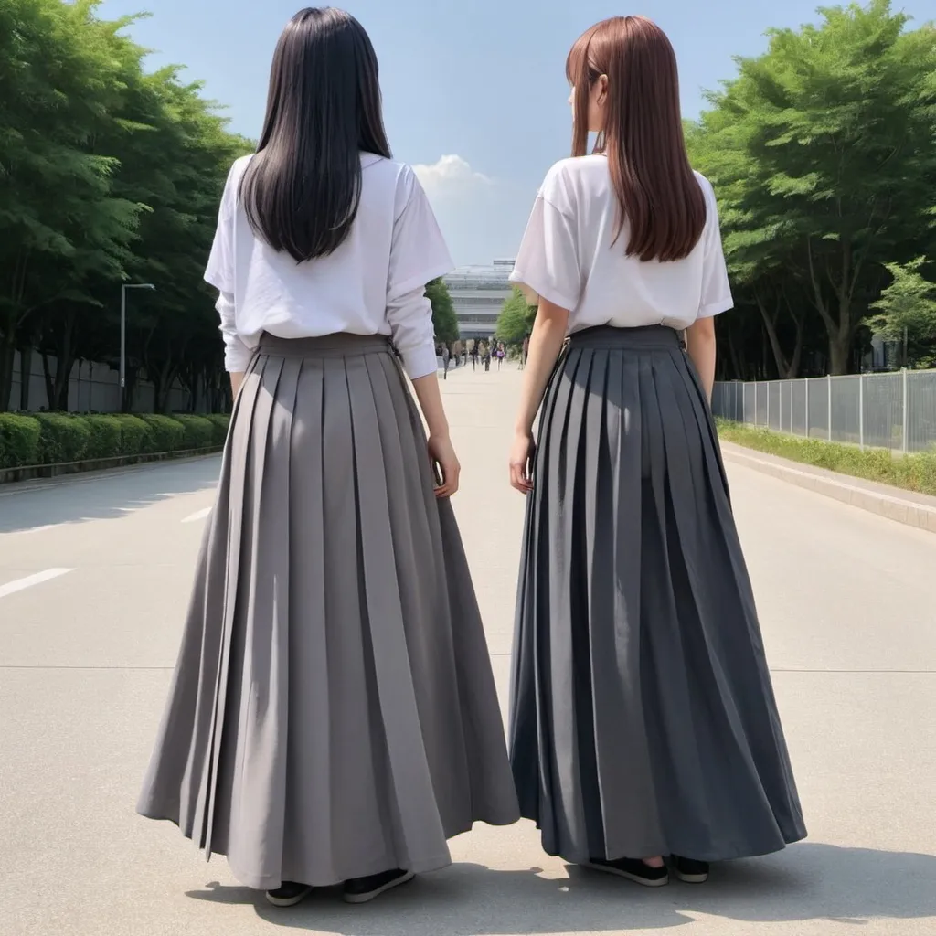 Prompt: The backs of anime girls wearing maxi long pleated grey skirts.