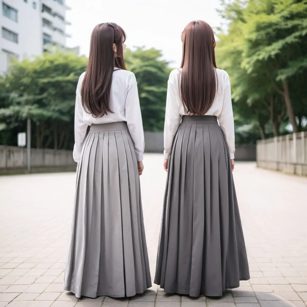 Prompt: The backs of anime girls wearing maxi long pleated grey skirts.