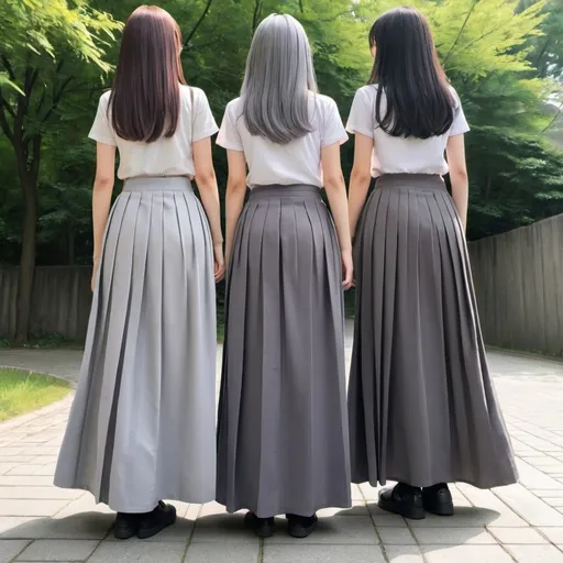 Prompt: The backs of anime girls wearing maxi long pleated grey skirts.