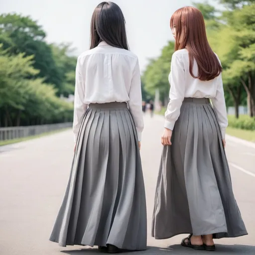 Prompt: The backs of anime girls wearing maxi long pleated grey skirts.