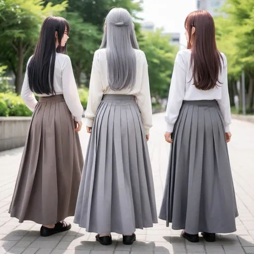 Prompt: The backs of anime girls wearing maxi long pleated grey skirts.