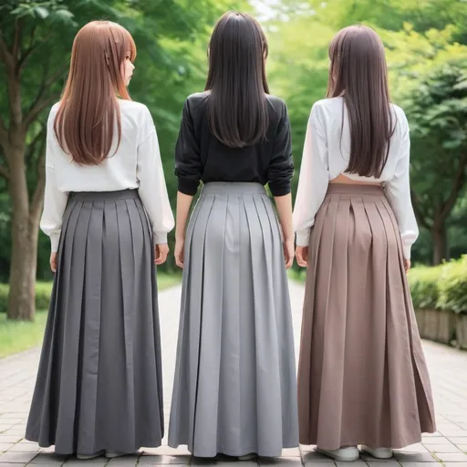 Prompt: The backs of anime girls wearing maxi long pleated grey skirts.