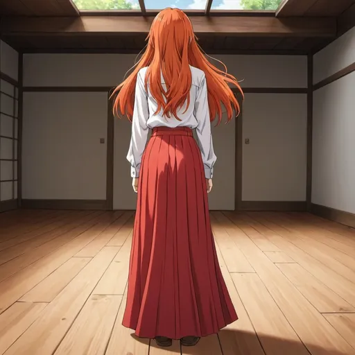 Prompt: The back of a long-straight orange haired anime girl with loose hair. The anime girl is wearing a buttoned shirt and a red pleated floor-length maxi long skirt that is extremely long. The anime girl is standing on a wooden floor. The long pleated skirt is red in color.
