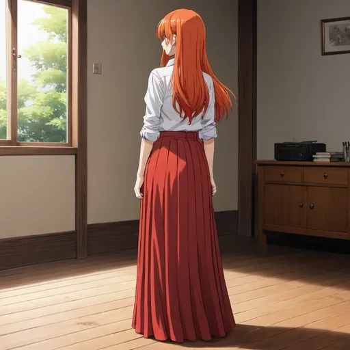 Prompt: The back of a long-straight orange haired anime girl with loose hair. The anime girl is wearing a buttoned shirt and a red pleated floor-length maxi long skirt that is extremely long. The anime girl is standing on a wooden floor. The long pleated skirt is red in color.
