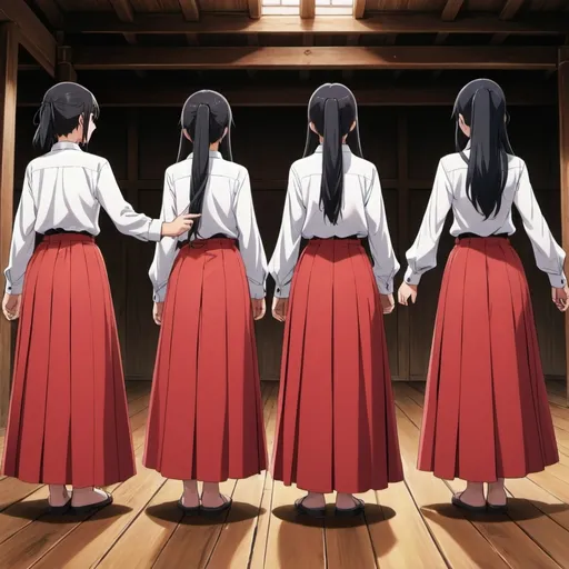 Prompt: The backs of multiple long-straight-black haired anime girls who are wearing white buttoned shirts and maxi long pleated red skirts. The skirts are very long. The girls are standing on a wooden floor while pointing each of their own long fat wooden straight pole sticks up in the air. The hairs of the girls are untied.