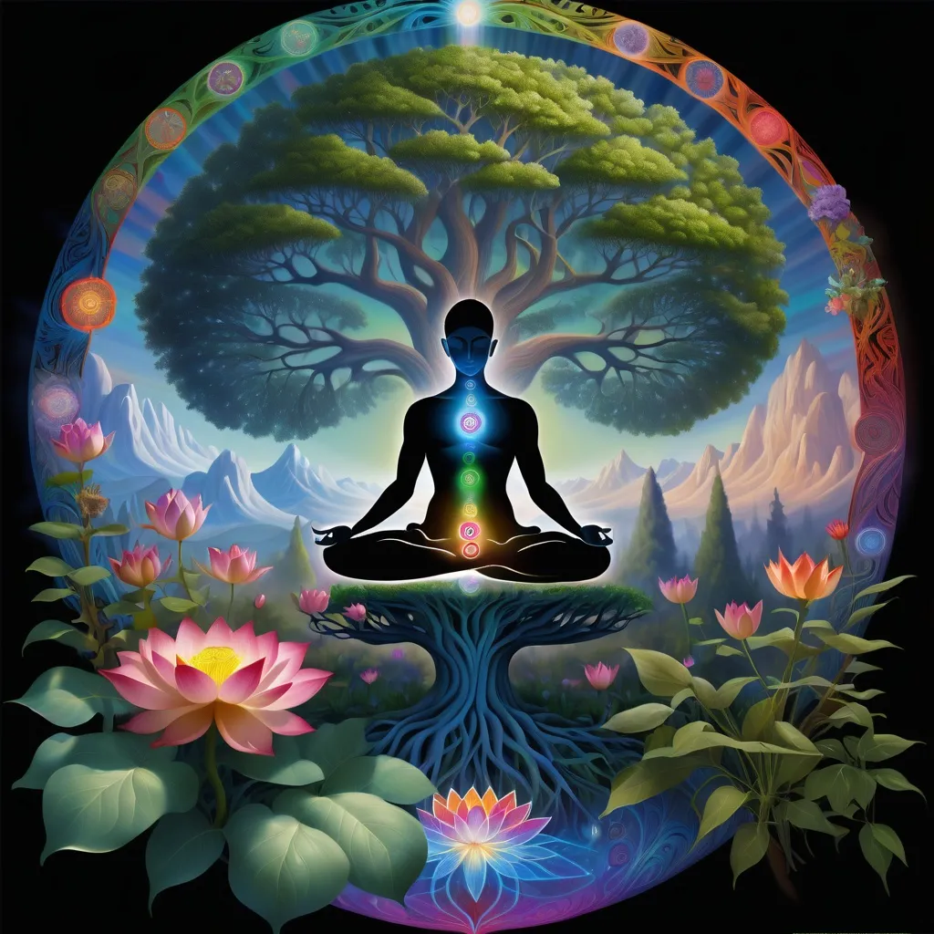 Prompt: a person sitting in a lotus position surrounded by plants and flowers, with a tree in the background and a tree of life in the middle, Alex Grey, psychedelic art, sacred geometry, digital art