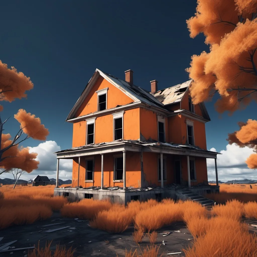 Prompt: A scene of a dark blue sky harmonizing with the natural orange color of an abandoned house, 3D