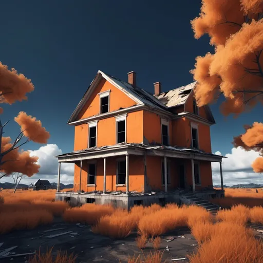 Prompt: A scene of a dark blue sky harmonizing with the natural orange color of an abandoned house, 3D