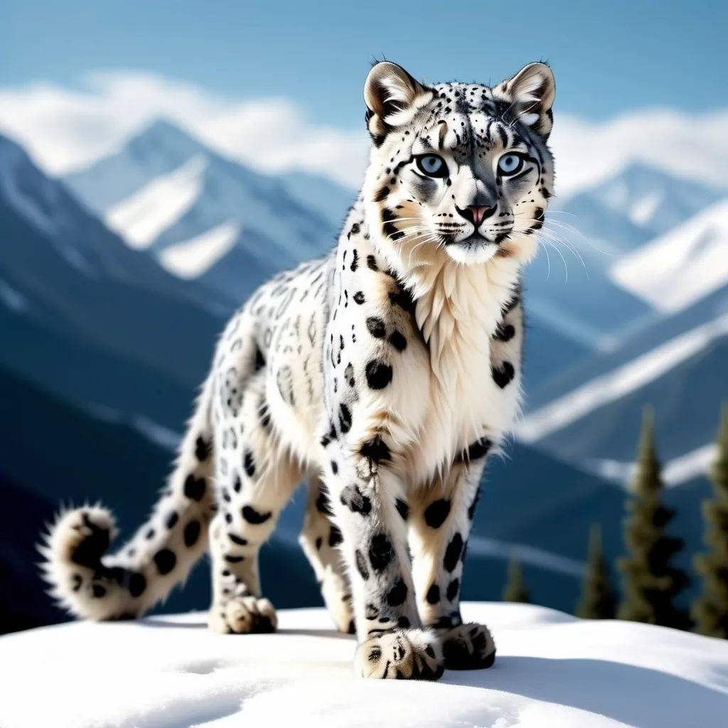 Prompt: Full body snow leopard and house cat hybrid with long fur and a fluffy tail standing on two legs