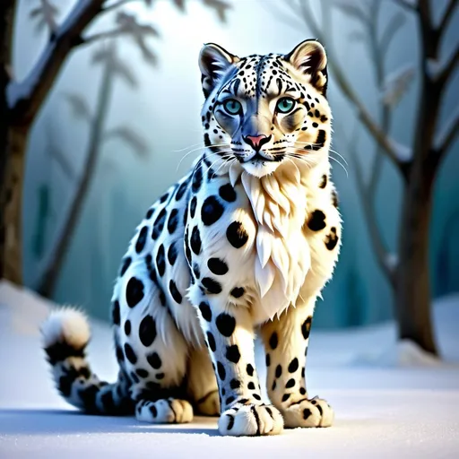 Prompt: Full body snow leopard and house cat hybrid with long fur