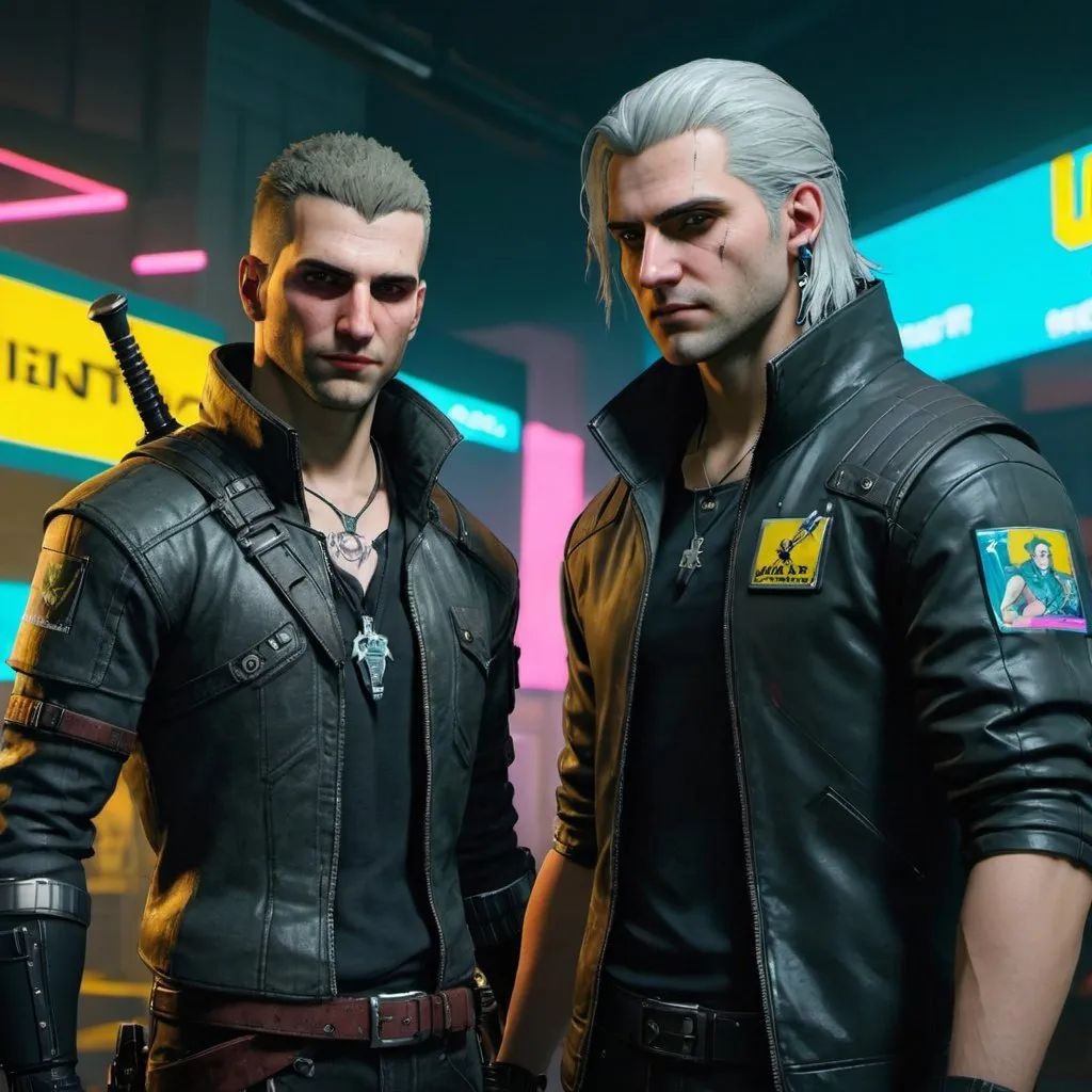 Prompt: a young male witcher in a cyberpunk 2077 universe and a Netwatch agent
