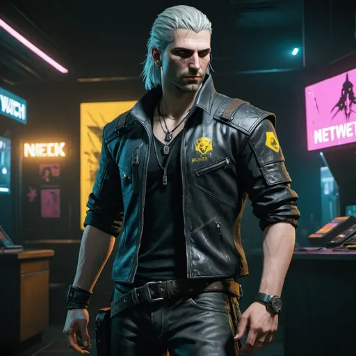 Prompt: a Young mid 20's male Witcher in a cyberpunk 2077 universe being Netwatch enforcer full body
